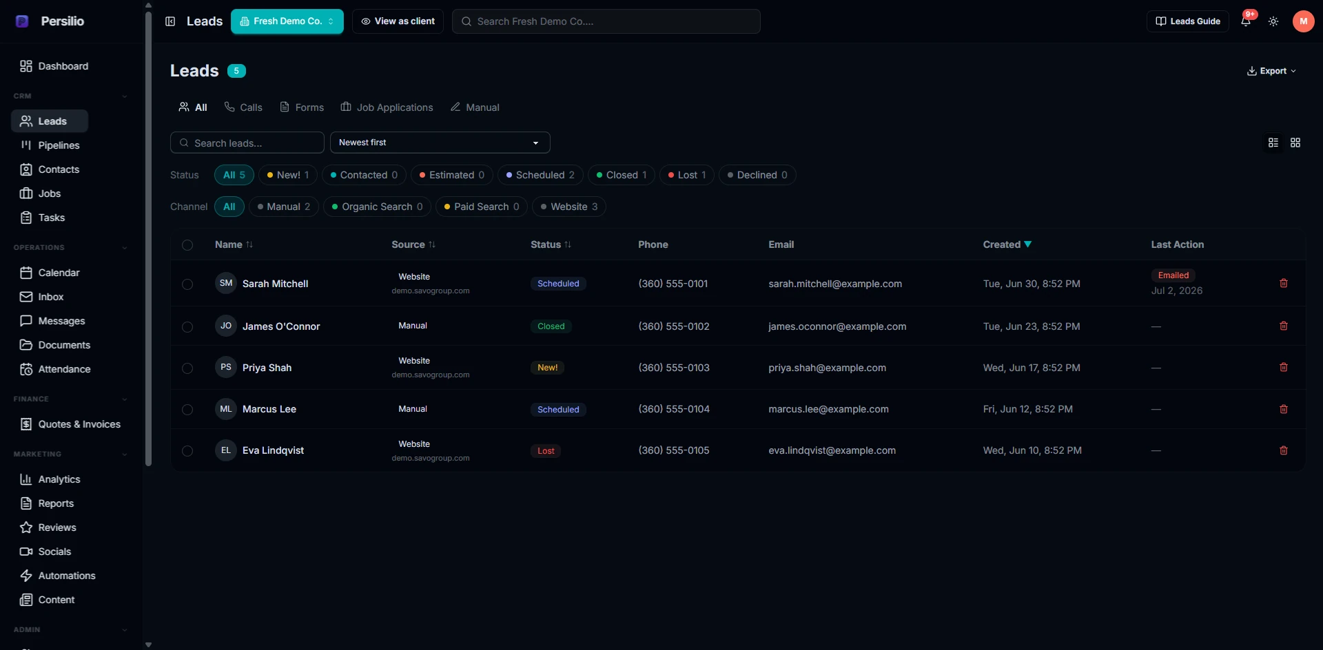 The Persilio dashboard showing detailer leads with source, status and contact details