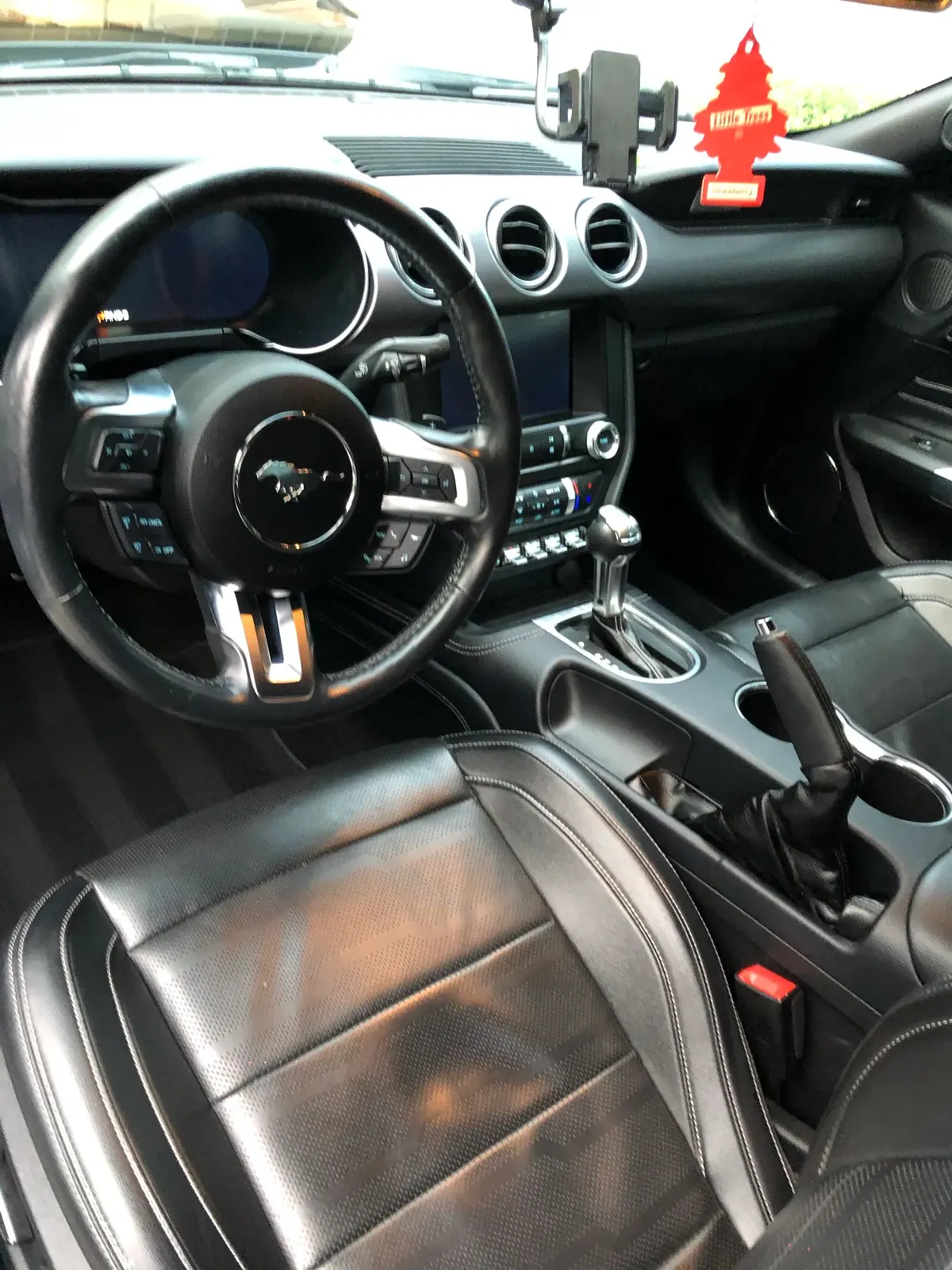Detailed Ford Mustang GT interior: steering wheel, dash, center console and leather seats